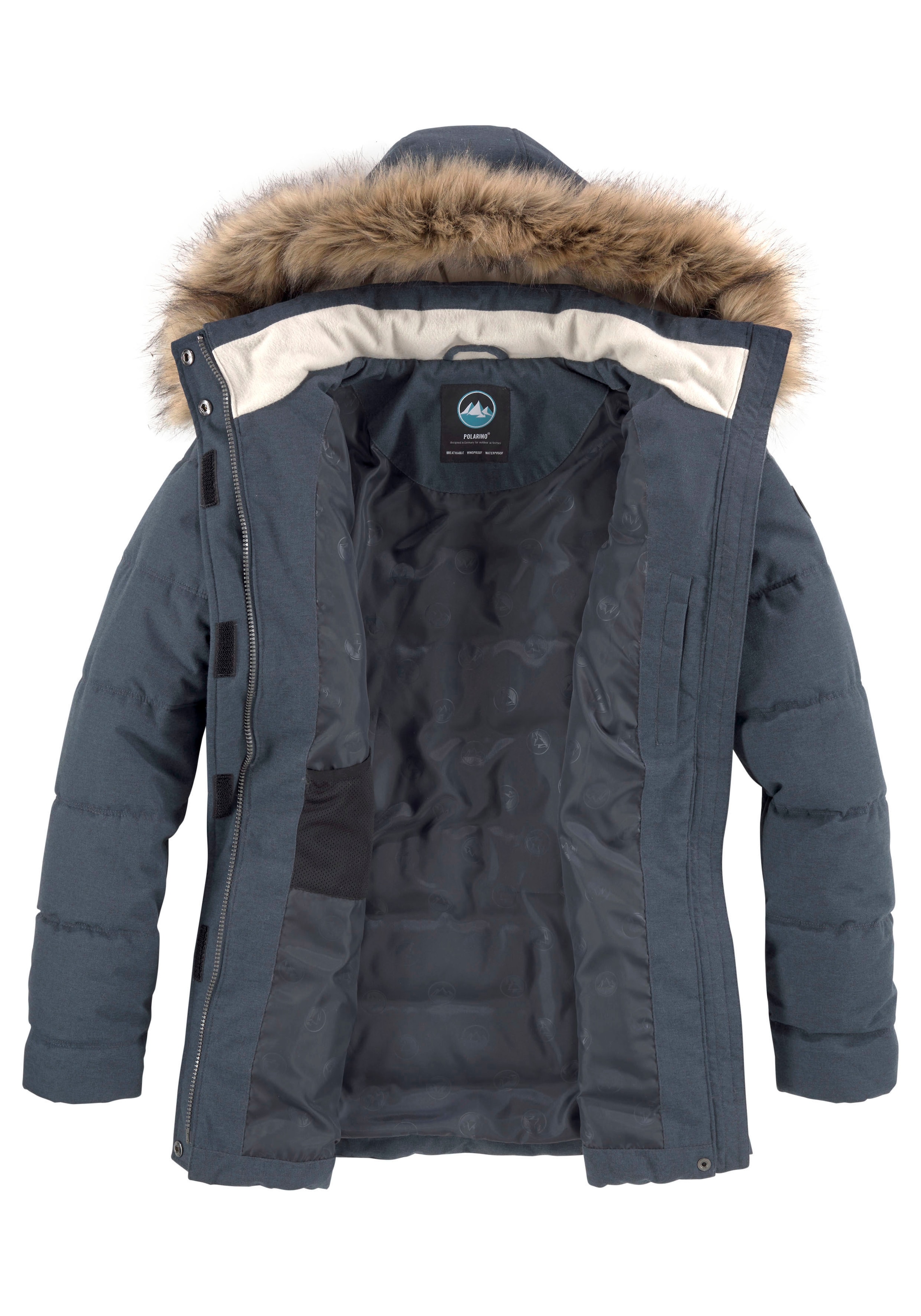 Polarino Steppjacke mitKapuze mit abnehmbarer Kapuze,  mit Fellimitat,  viele Taschen