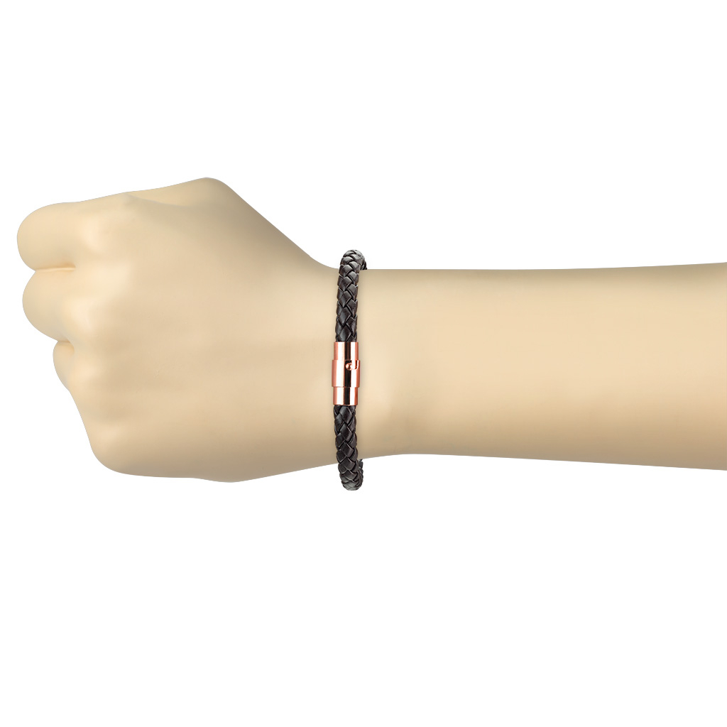 (20cm) Leder Armband Accessoire Geflochten - Dunkelbraun / Roségold