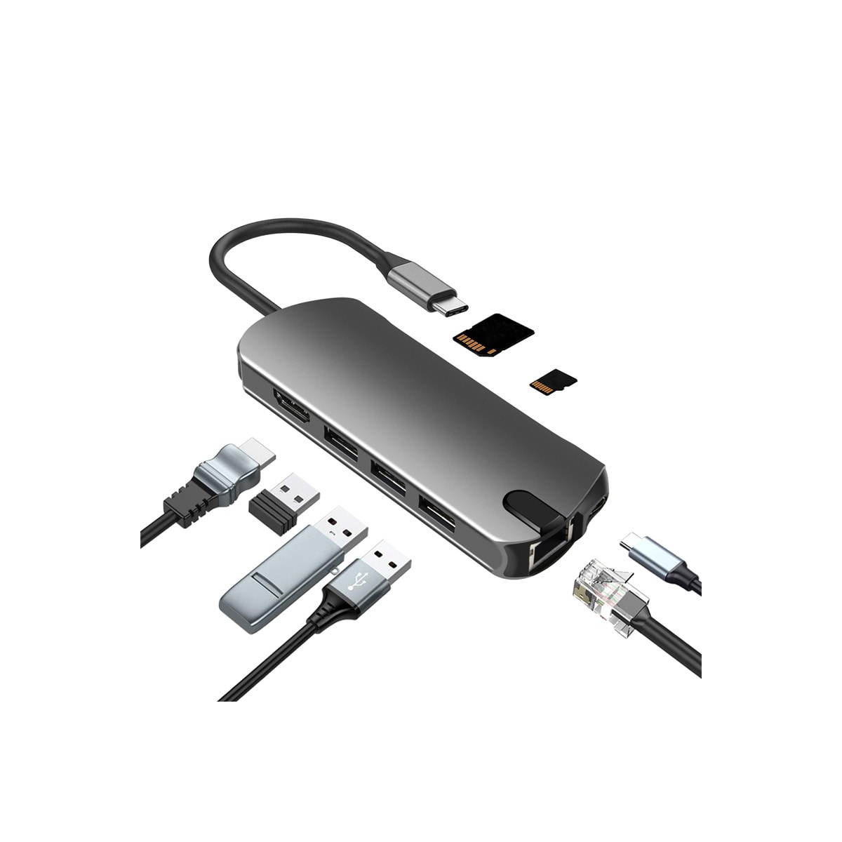 8-i-1 USB-C Hub med USB 3.0, HDMI, RJ45, SD/TF-kortspor, 100W PD-lading