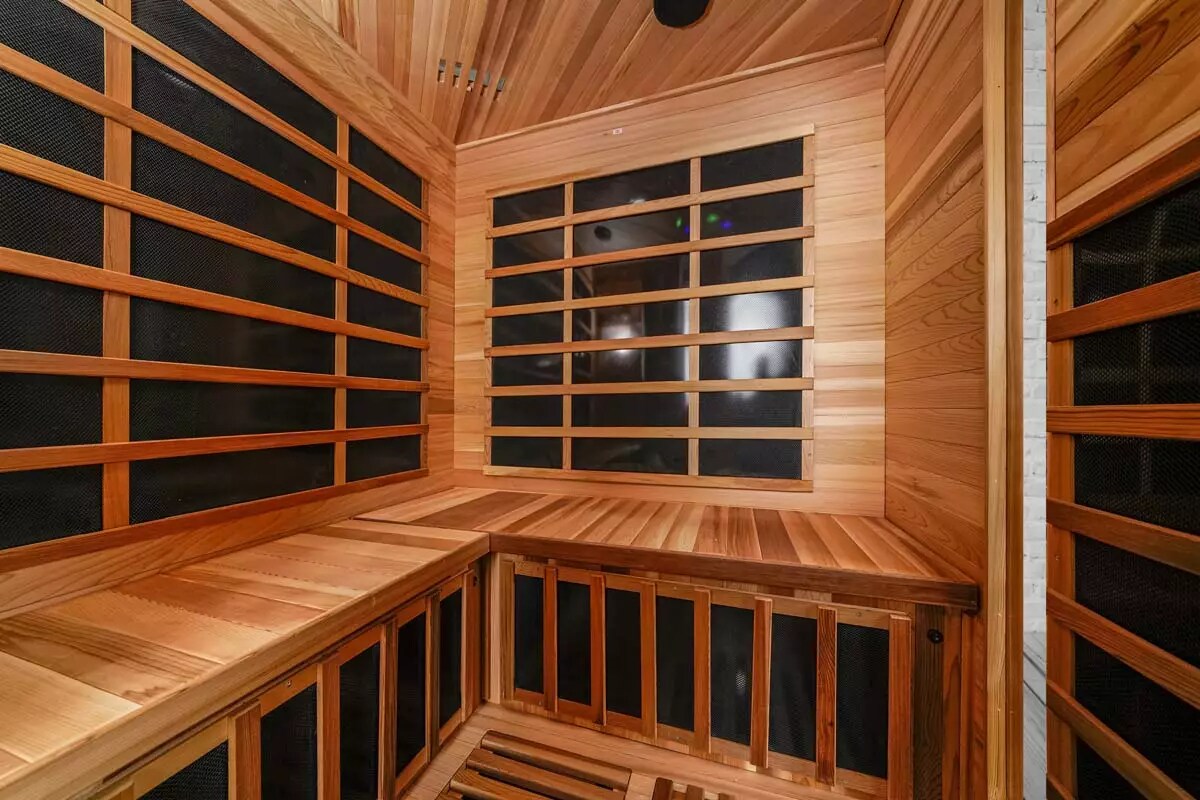 PureHaven Infrarotkabine 150x150x80x95x80 cm aus kanadischem Tannenholz Bluetooth-Soundsystem Lichttherapie in 4 Farben digitale Steuerung