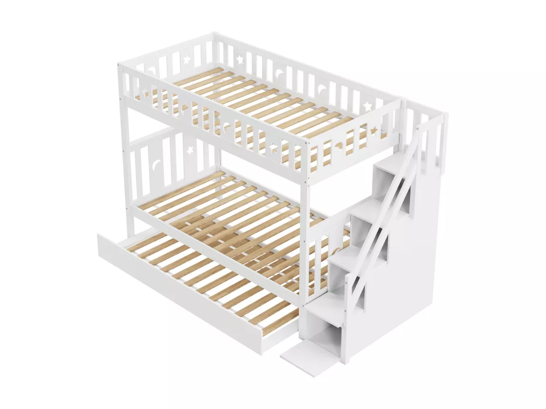 Lits superposés 2 x 90 x 200 cm avec lit gigogne 90 x 190 cm et 4 tiroirs - bois massif - coloris blanc