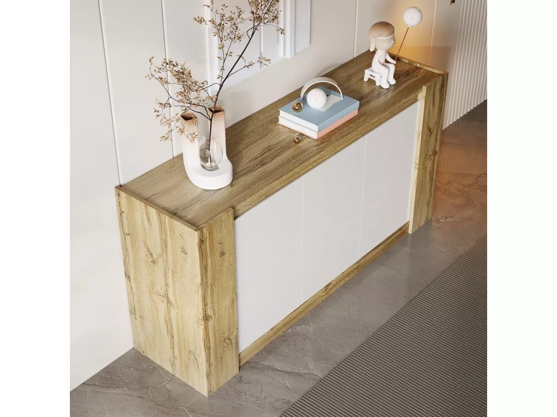 Buffet 150x40x70.5cm - 3 portes - design sans poignées - étagères réglables - blanc + naturel