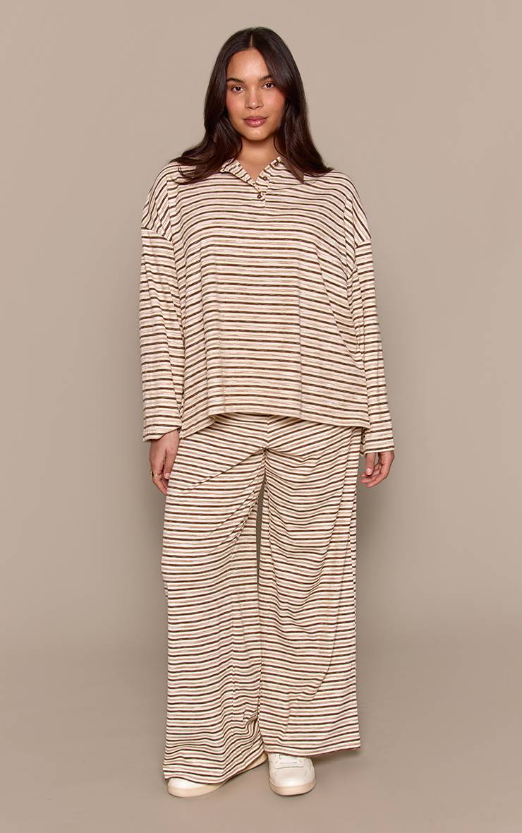 Light Brown Pantalon Droit Taille Basse Côtelé Doux À Rayures Plus