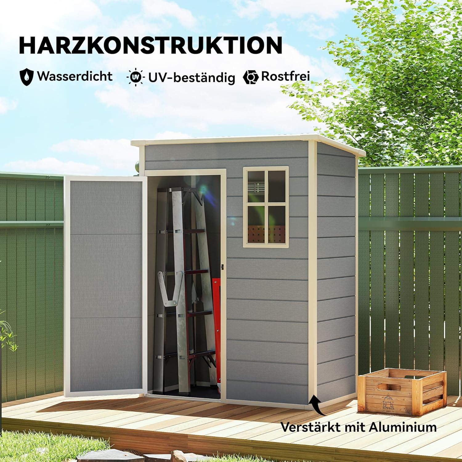 Outsunny Gerätehaus Kunststoff 1,14m² 151 x 92 x 193cm Geräteschuppen mit Pultdach Boden Fenster Abschließbarer Tür wetterfest Gartenhaus Outdoor Garten Schuppen für Hinterhof Grau