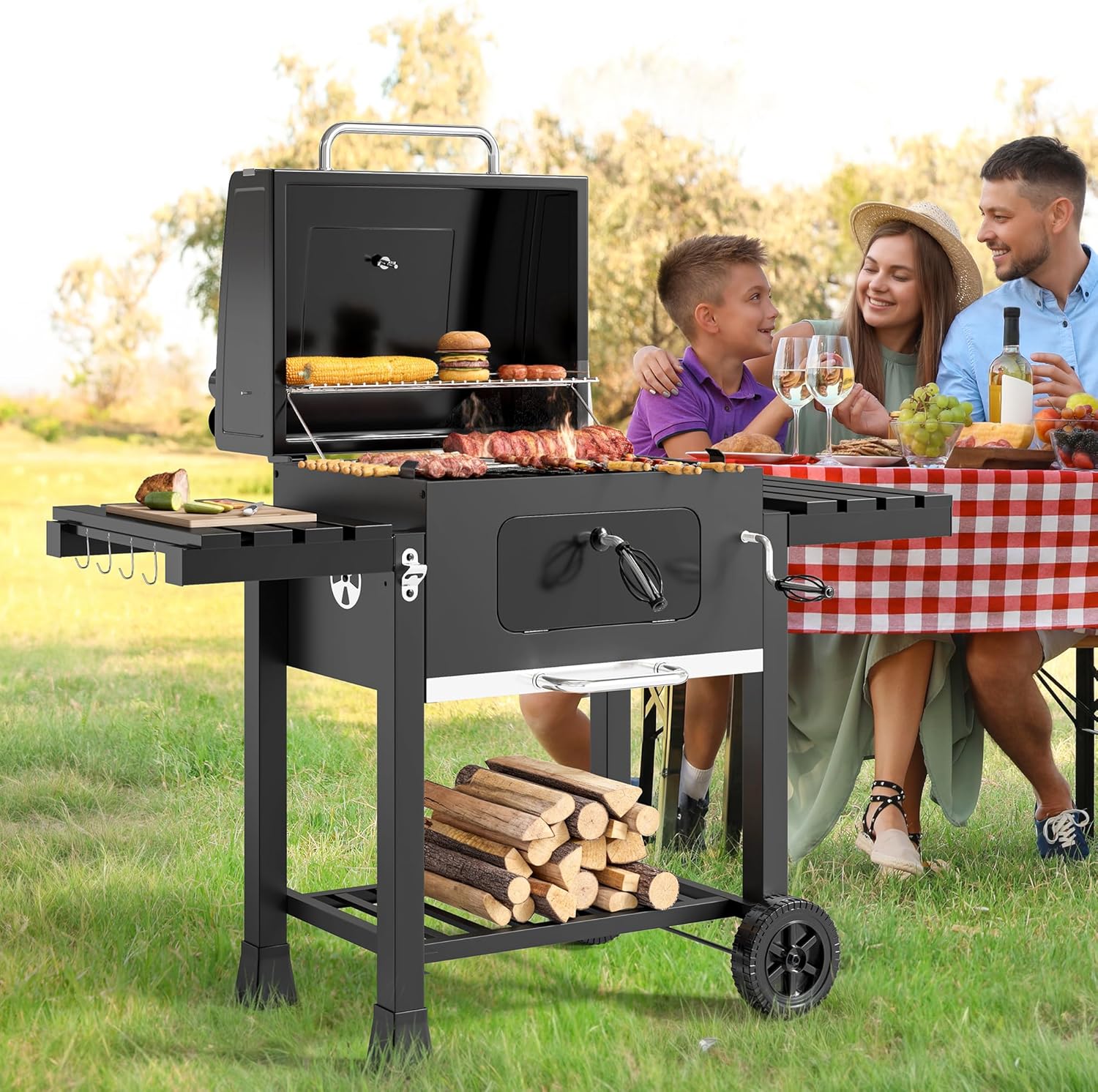 YITAHOME XXL Grillwagen Smoker Holzkohlegrill mit Gusseisenrost & Emaille-Pfanne - Mobiler BBQ Grill für Garten, Camping, Outdoor - Inkl. Thermometer, Küchenzange, Grillhandschuh, Robustes Design