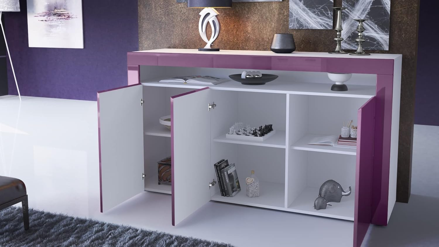 Vladon Sideboard Valencia, Made in Germany, Kommode mit 3 Türen und 1 offenem Fach, Weiß matt/Weiß Hochglanz (155 x 92 x 40 cm)