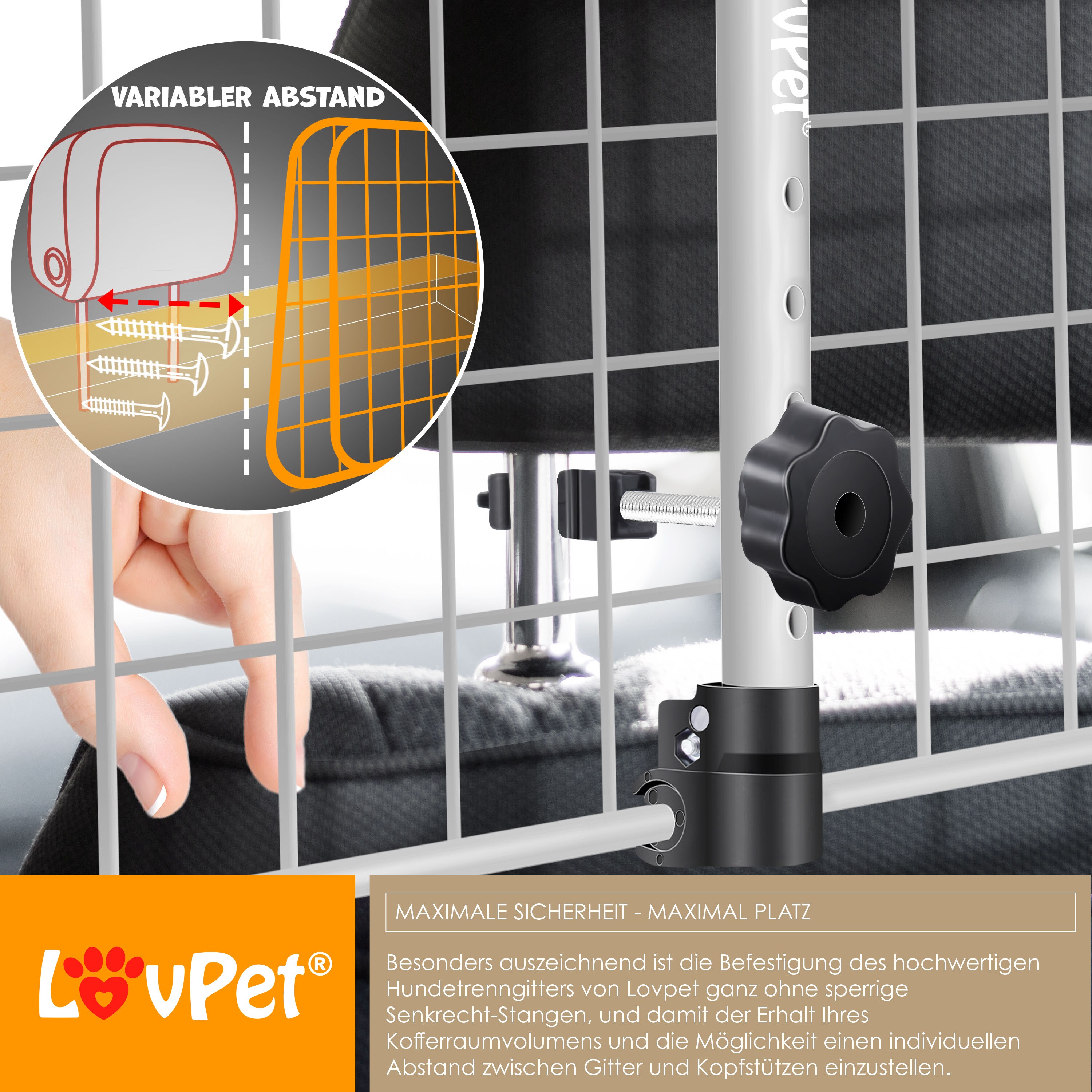 LovPet® Hundegitter Auto, Autoschutzgitter Trenngitter Universal, verstellbare Breite, Kopfstütze Kofferraum Autogitter Maße HxB 30 x 91-153 cm Kofferraumgitter,+ 2x Sicherheitsgurt für Hunde