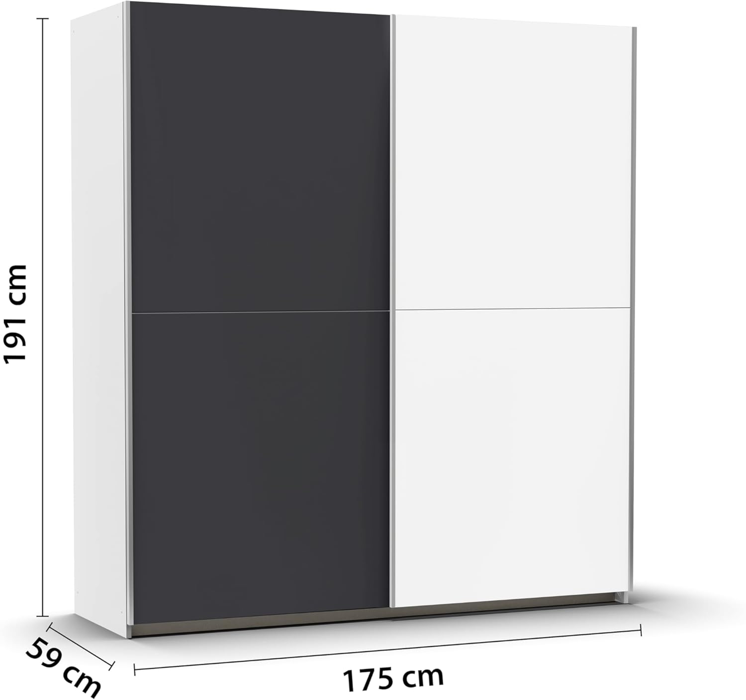 Rauch Möbel Saturn, Schwebetürenschrank mit zusätzlichen Fachböden, Kleiderschrank, Kleiderschränke, Garderobe, Schrank mit Stauraum, 2-türig, Farbe Grau metallic-Weiß, Schwarz, 175x191x59cm