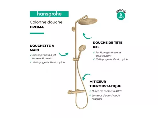 Colonne de douche thermostatique HANSGROHE Croma Select S 280 bronze brossé + tablette AddStoris