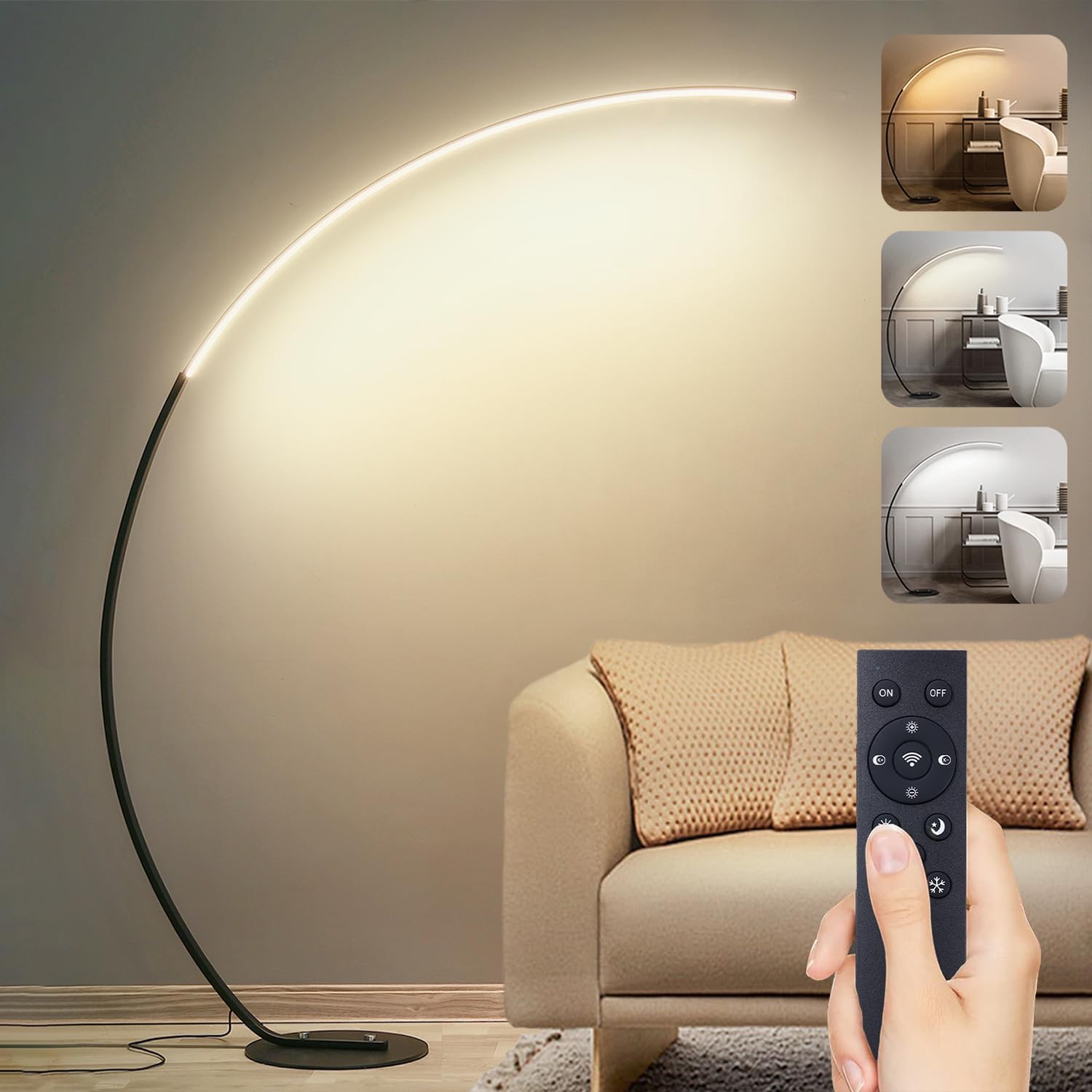LED Stehlampe Dimmbar Bogenlampe Wohnzimmer, 25W Schwarz Stehleuchte mit Fernbedienung, Modern Bogenleuchte 3 Farbtemperaturen & Memory-Funktion, Ecke Leselampe für Sofa Büro Schlafzimmer, 170CM