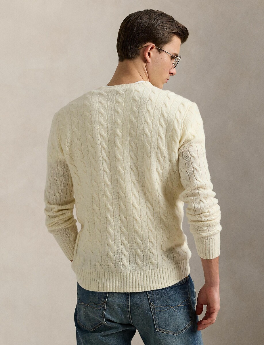POLO RALPH LAUREN<br>Suéter de gola redonda em lã e cashmere, com padrão de tranças