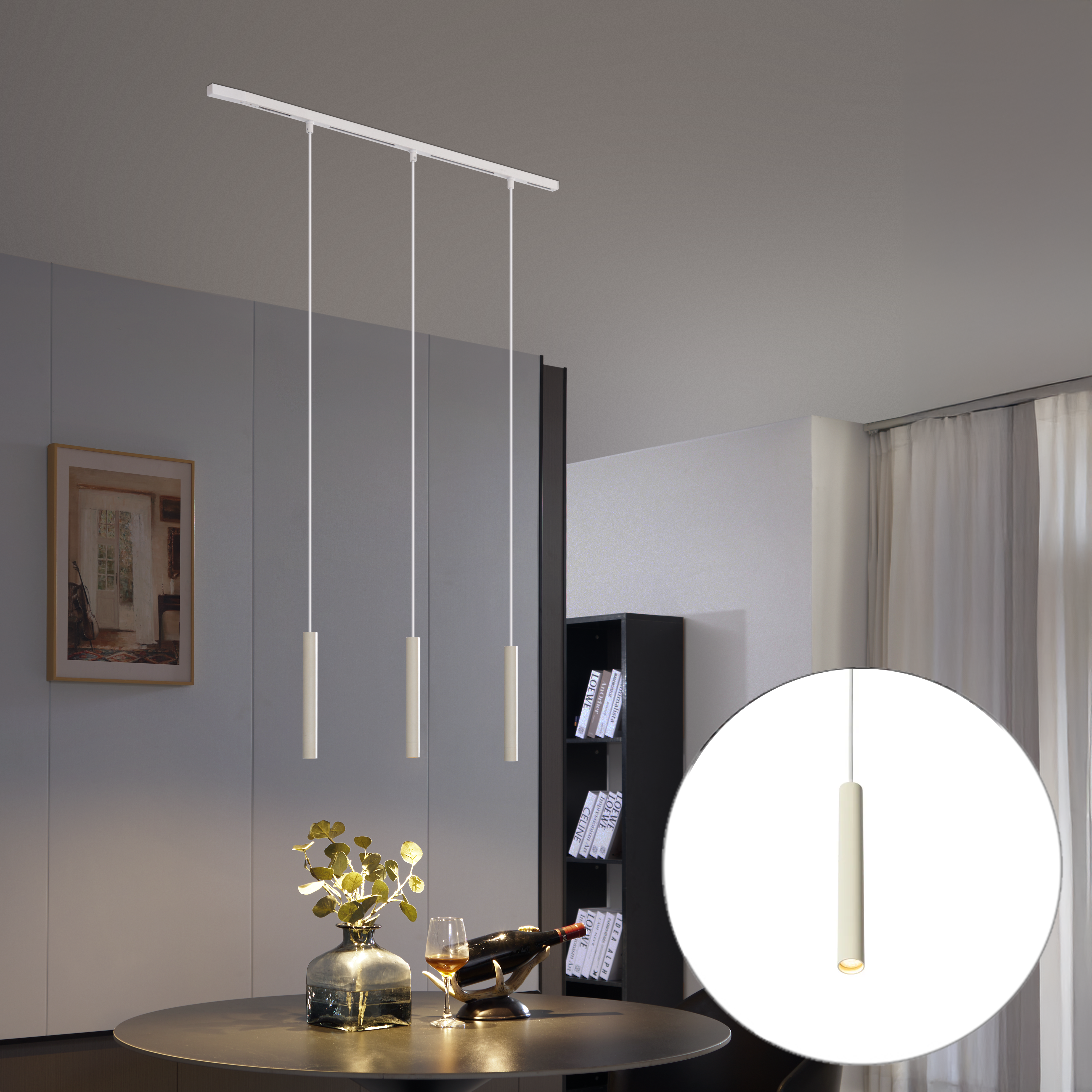 Modern railsysteem met 3 hanglampen beige met wit 1-fase - Slimline Keno
