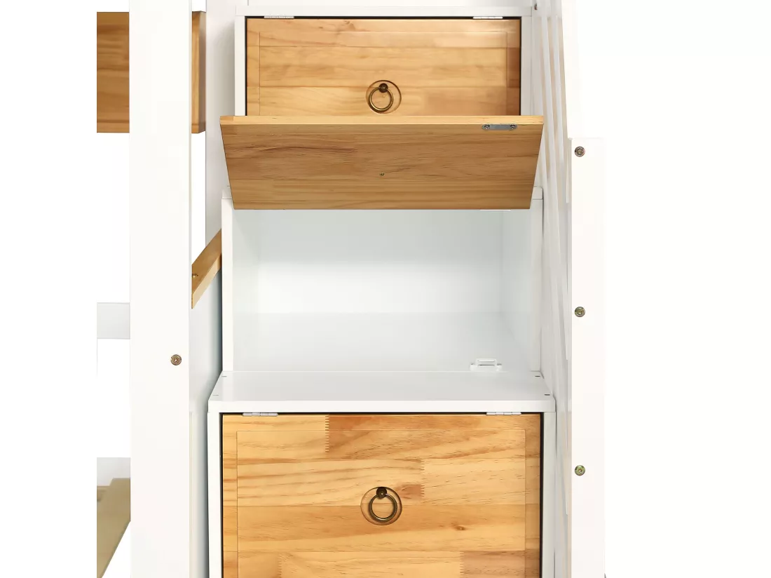 Lit superposé avec escalier de rangement - 90x200cm - 4 casiers dans l'escalier et 2 tiroirs sous le lit - avec sommier à lattes - Blanc
