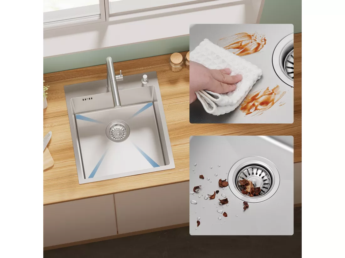 Évier Cuisine 1 Bac 44*49*20 CM,Lavabo Cuisine avec Distributeur Savon,Inox 304,Évier encastré/à Poser Évier avec Trou de Montage pour Robinet