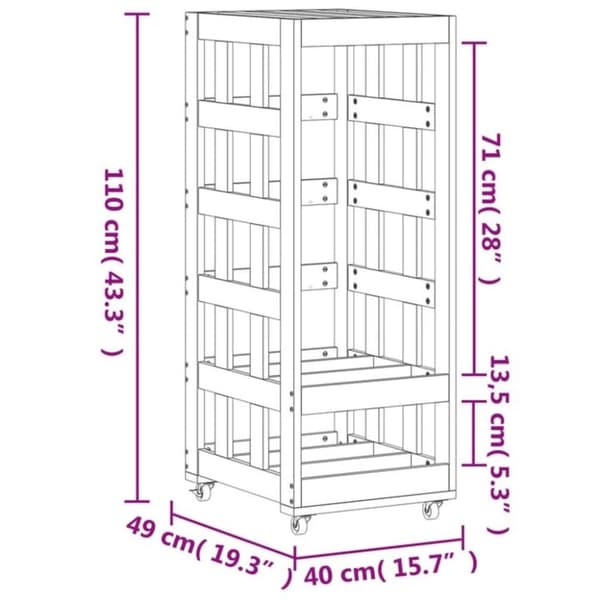 vidaXL Vedstativ med hjul 40x49x110 cm heltre furu