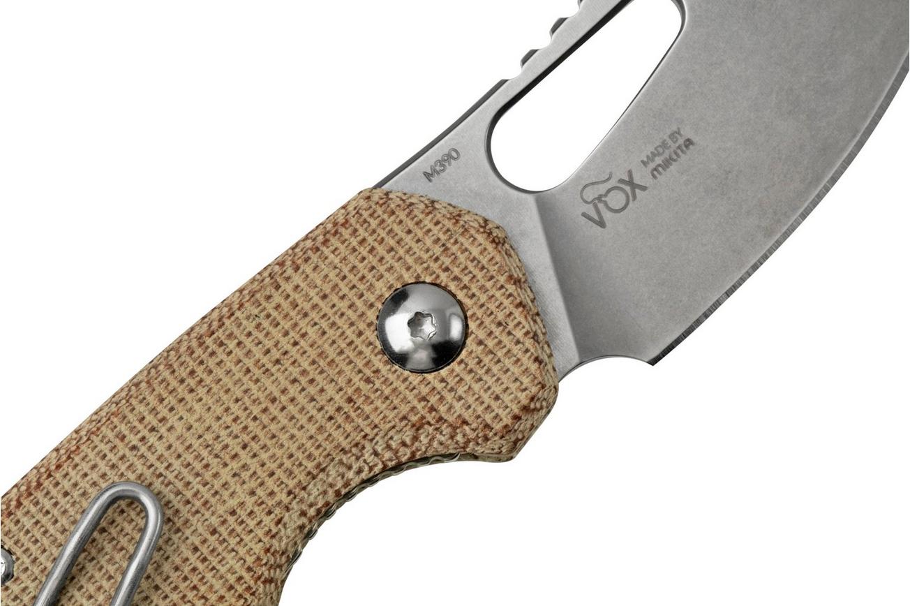 MKM Isonzo FX03M-3NC Clippoint M390, Natural Canvas Micarta zakmes, Jesper Voxnaes design