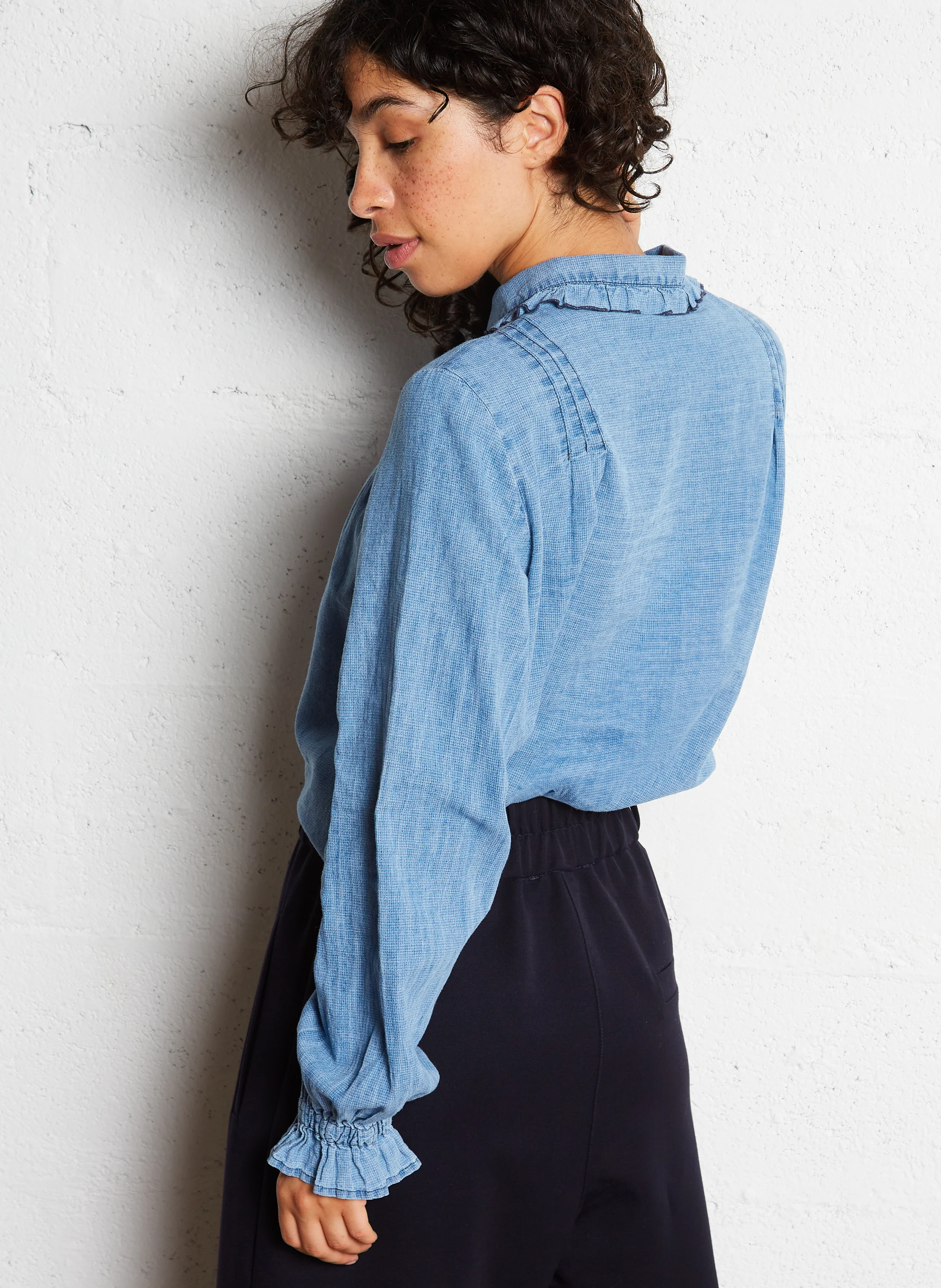 FERNANDA - Chemise col classique ample en lin et coton mélangé | Bleu