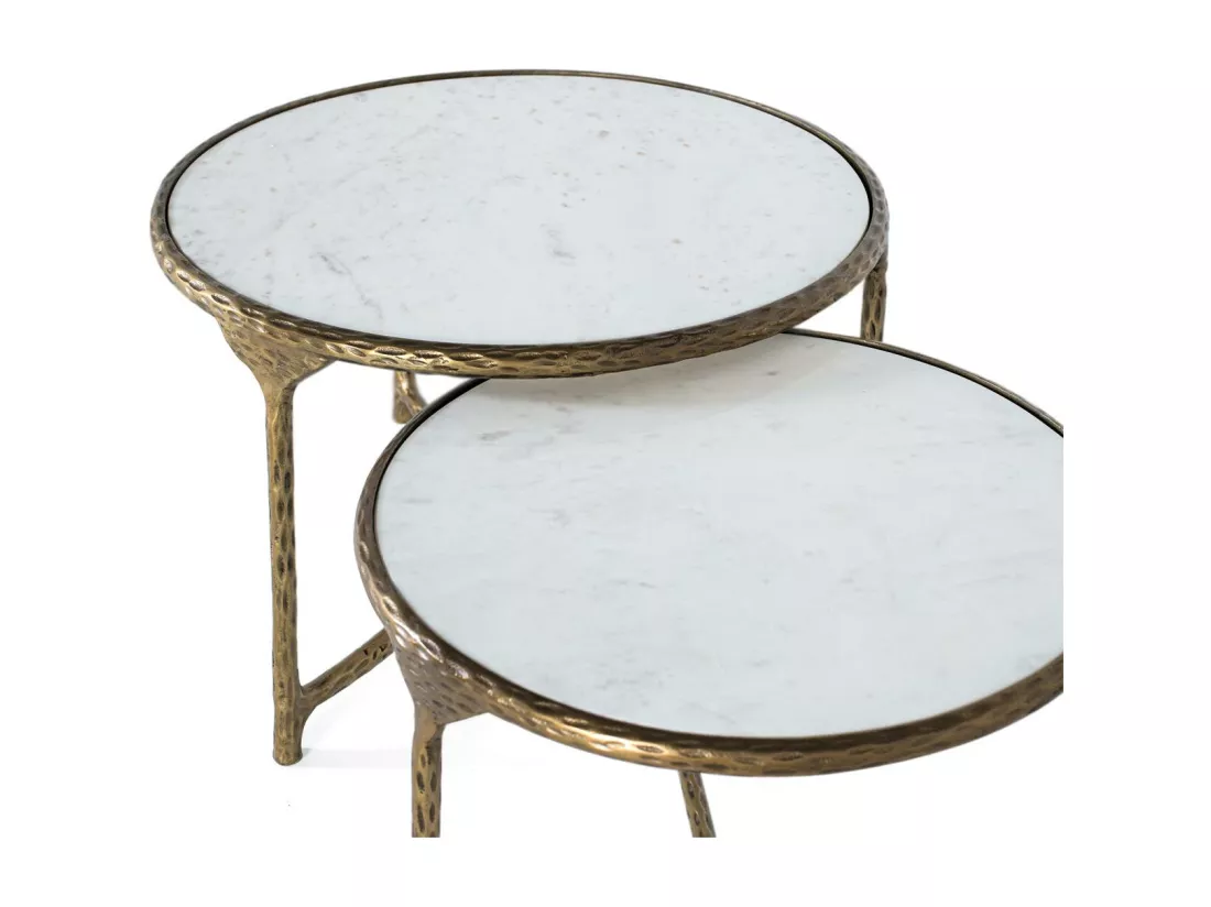 Set de 2 tables basses rondes dorées et blanches