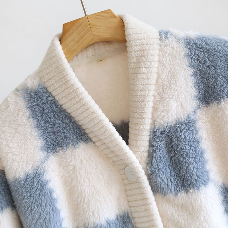 Somnus - V-hals geruite koraalfleece pyjamatop met knoopjes