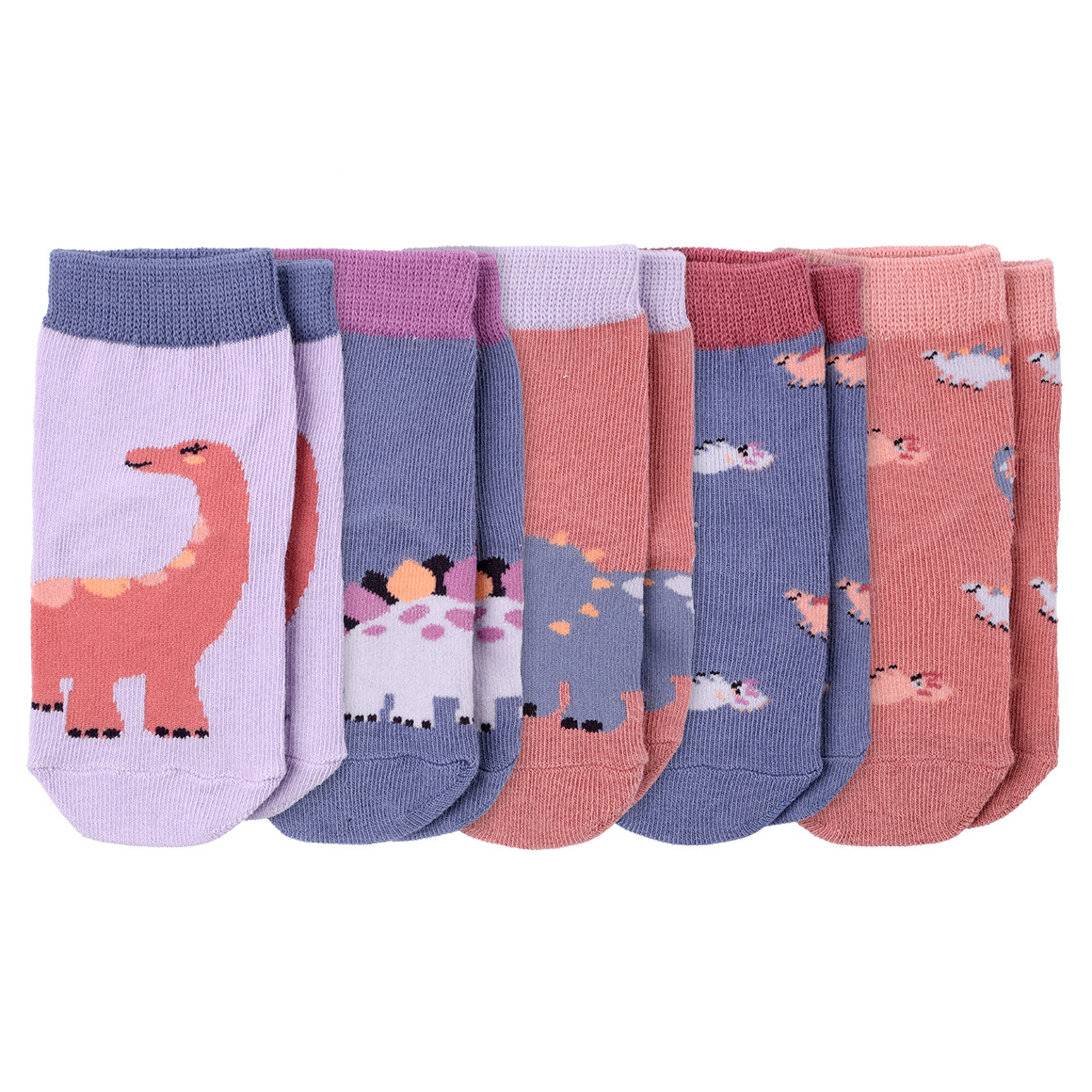 Topomini 5 Paar Baby Socken mit Dino-Motiven dunkelrosa / blau / flieder