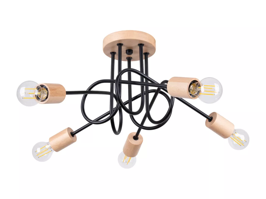 Lustre Ember minimaliste en acier/bois - 5 sources lumineuses - L.15 x H.26 cm - noir/bois naturel