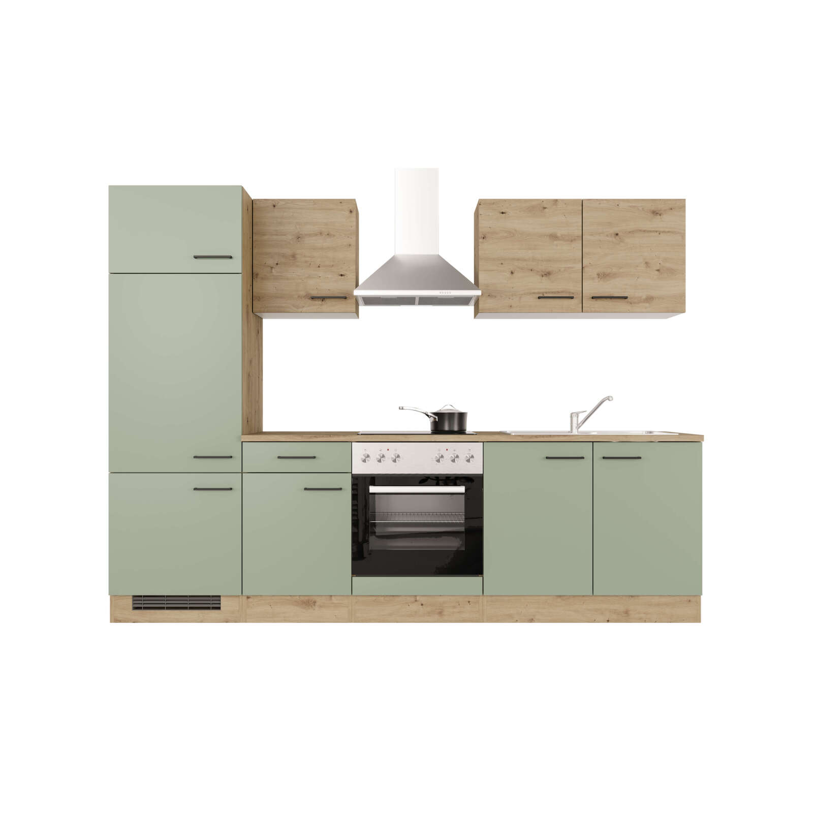 Küchenblock CARA - schilfgrün - Artisan Eiche - mit E-Geräten - 270 cm