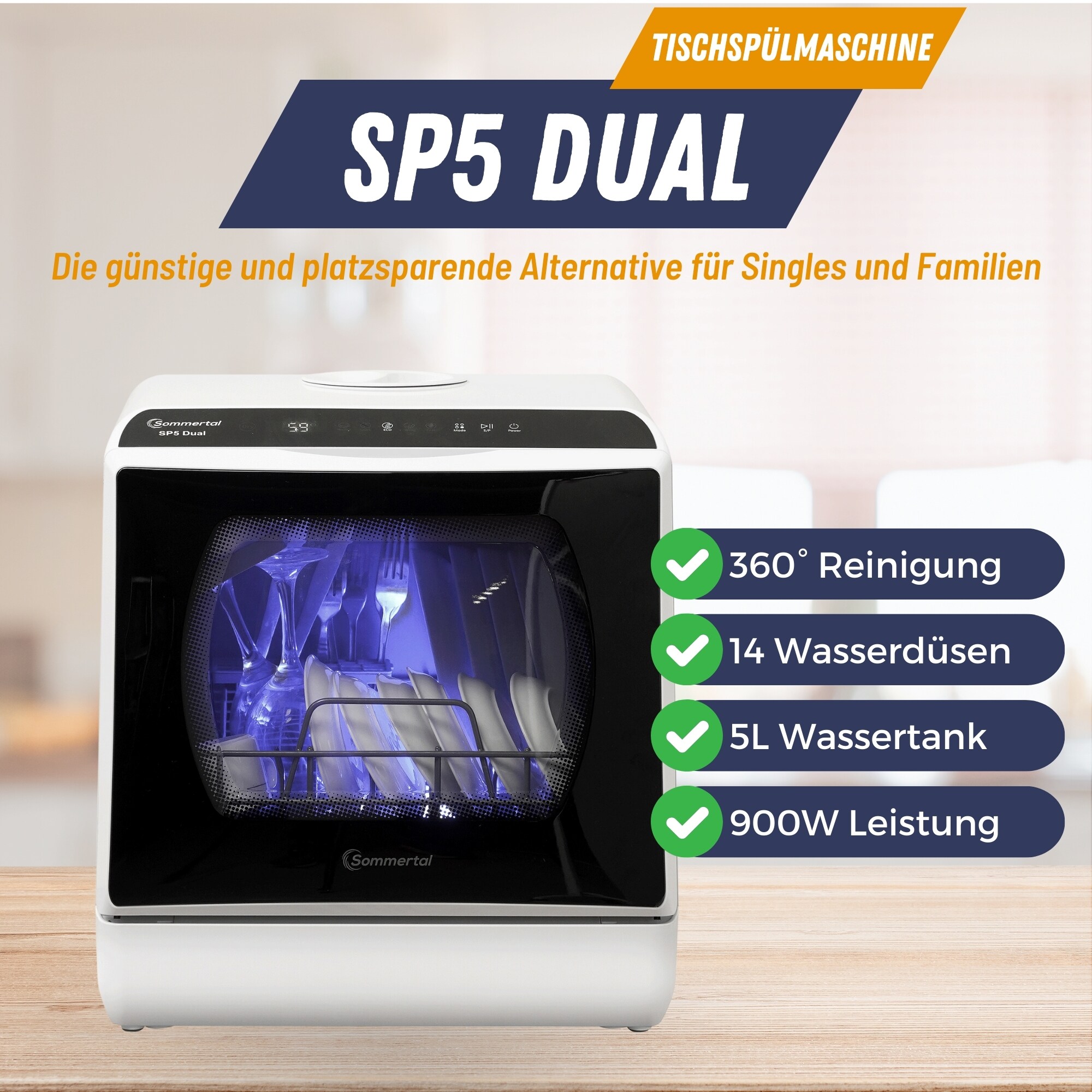 Sommertal Tischgeschirrspüler SP5 Dual – Mini Spülmaschine oder Tischspülmaschine mit 6 Waschprogrammen, 360° Reinigungsabdeckung, flexible Wasserversorgung – effizient & umweltschonend