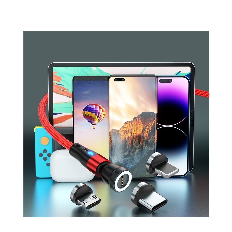 (1m) 3A 3in1 USB A auf USB C / Micro USB / Lightning Ladekabel Magnetisches Nylon 180° Datenkabel mit LED - Schwarz