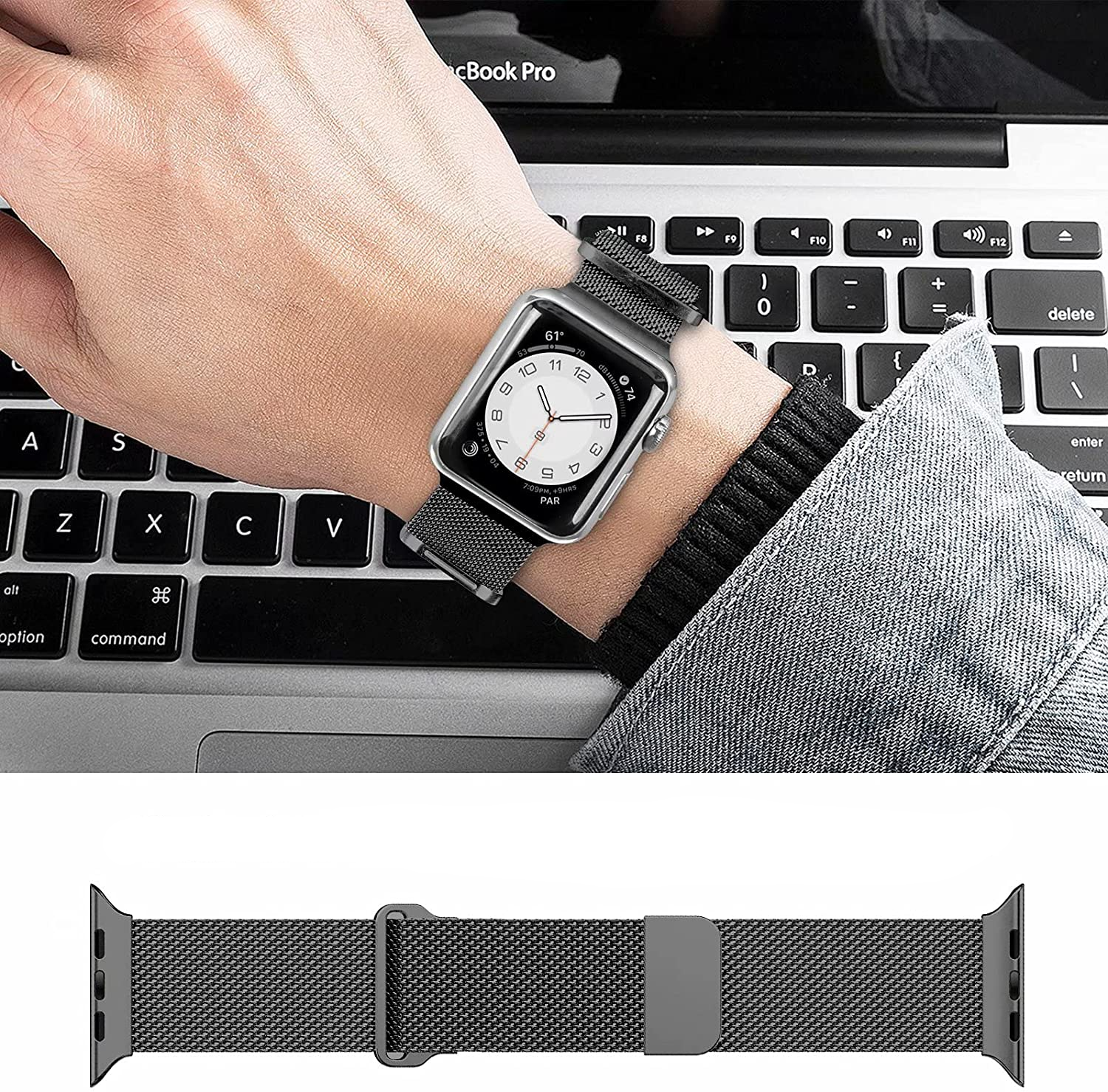 Apple Watch (42/41/40/38 mm) Ersatz Magnet Armband Milanaise (Gelenkumfang: 162-258mm) - Schwarz