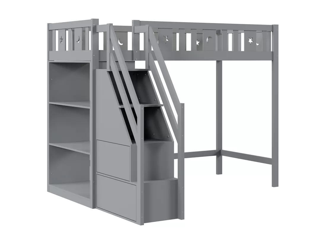 Lit mezzanine 90 x 200 cm avec échelle de rangement et étagères - Bois de pin et MDF - Gris