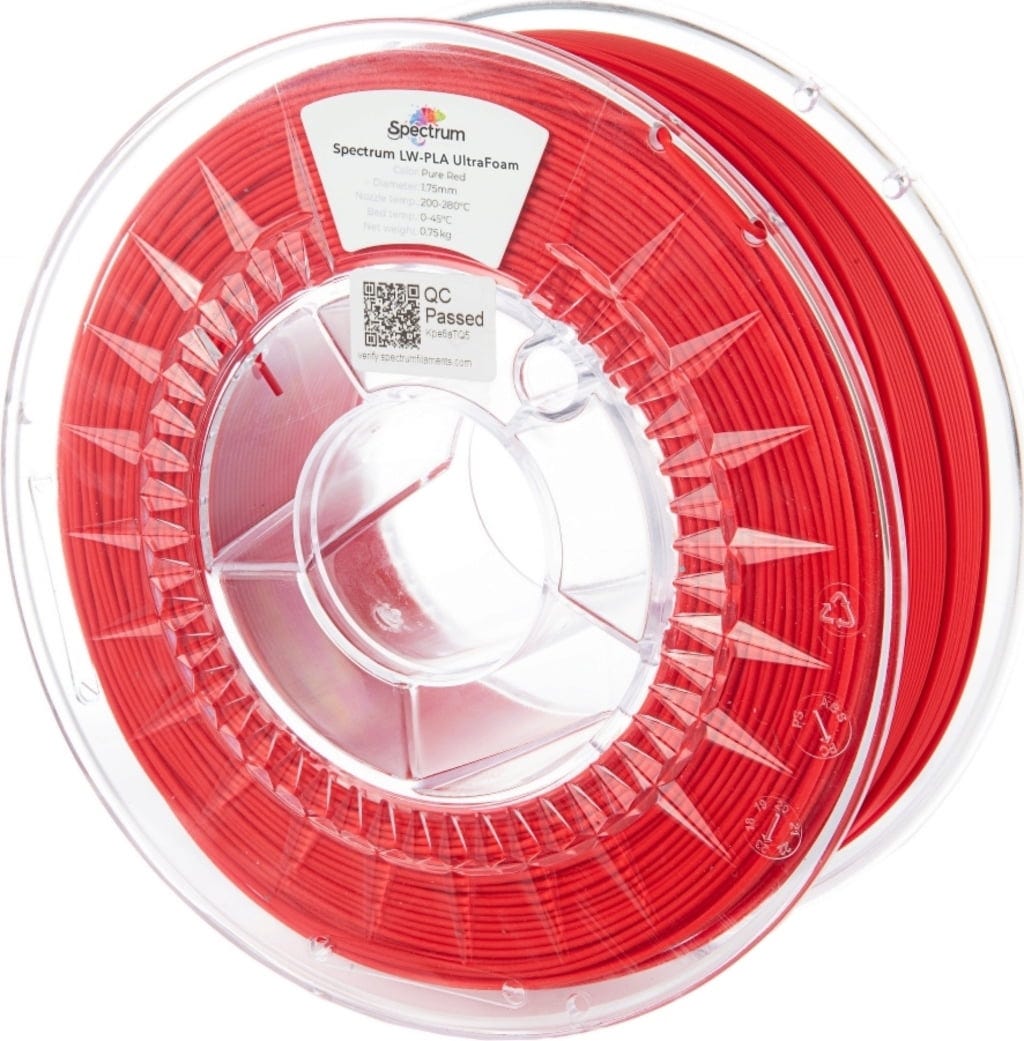 Spectrum  LW-PLA UltraFoam Pure Red, 1,75 mm / 750 g    PLA Filament mit Schaumbildungstechnologie in Pure Red