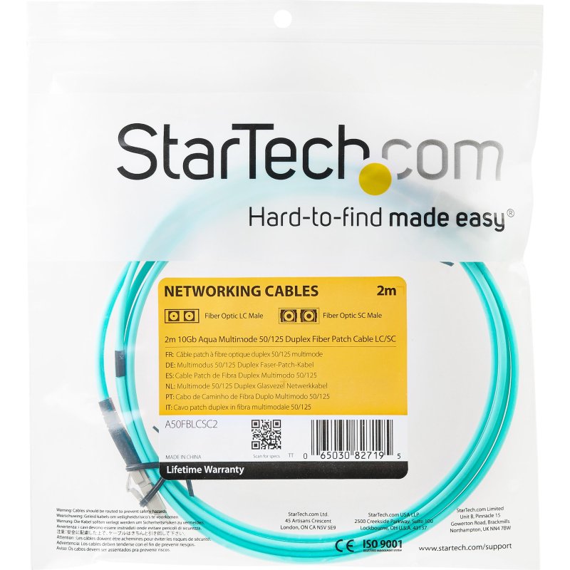 StarTech.com Câble Fibre Optique Multimode de 2m LC/UPC à LC/UPC OM3, Fibre Zipcord Full Duplex 50/125µm, Réseaux 100G, LOMMF/VCSEL,