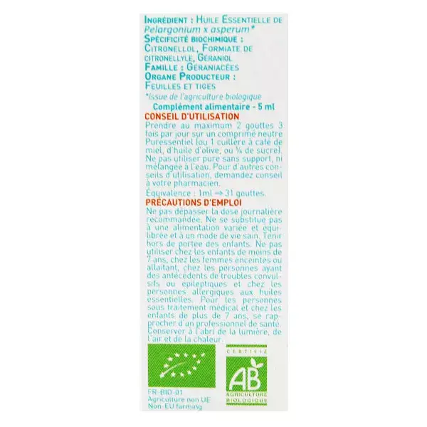 Óleo Essencial de Gerânio Orgânico Puressentiel 5ml