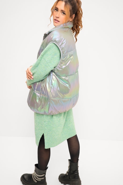 Steppweste, oversized, Holografic-Look, Stehkragen, Zipper