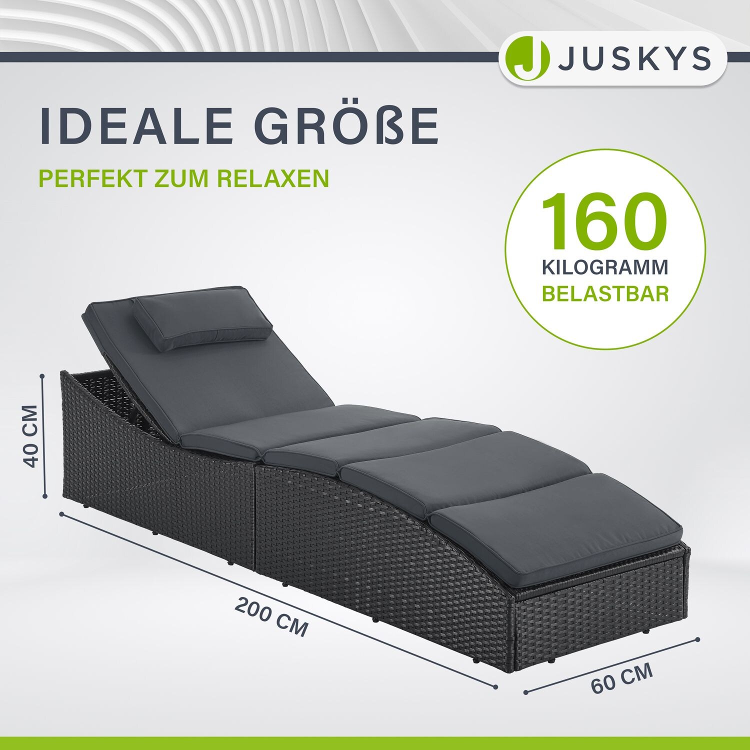 Juskys Sonnenliege Lamia klappbar - Polyrattan Gartenliege mit Auflage - Outdoor Liege Schwarz