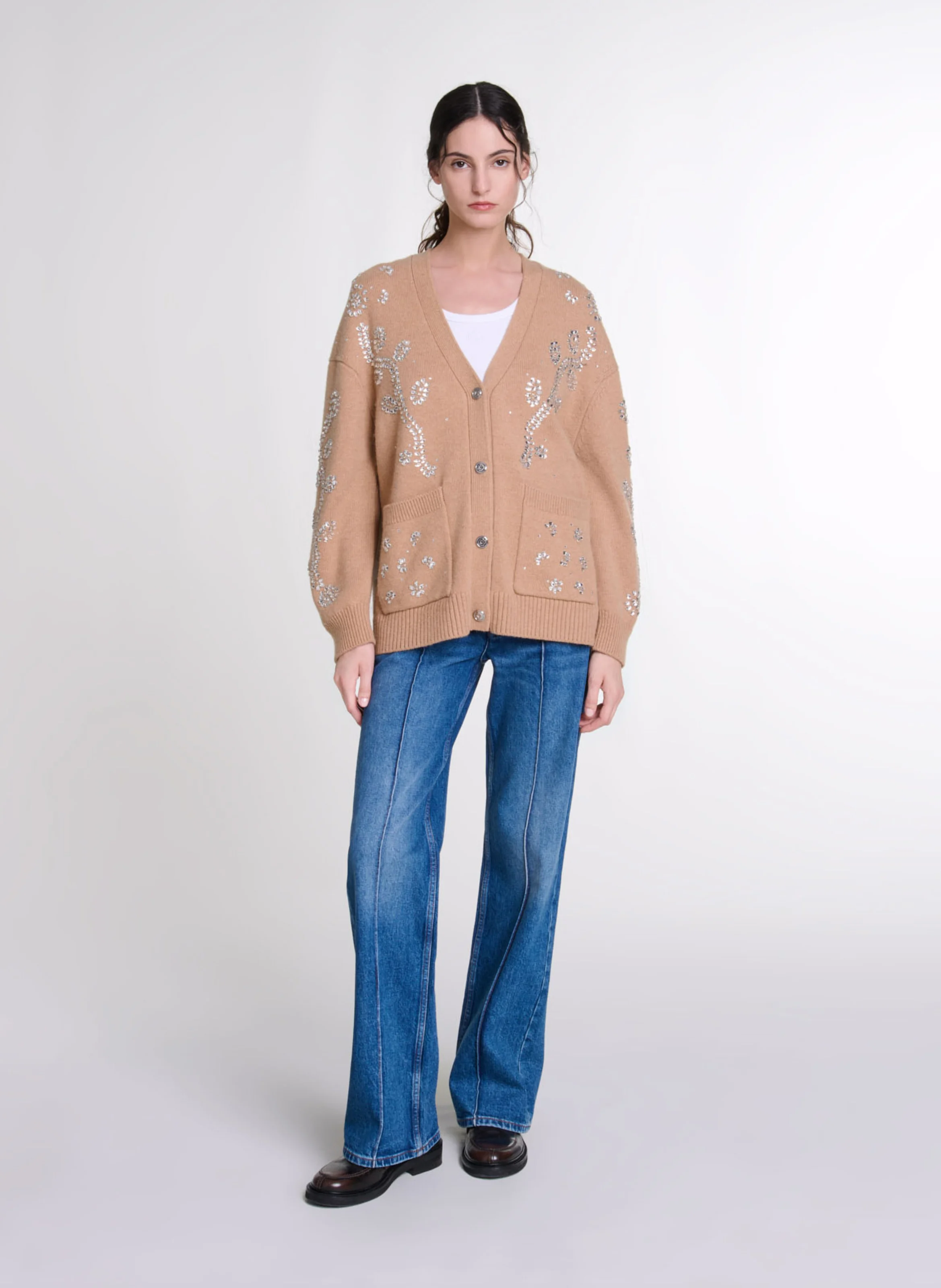 Cardigan ample à strass fleurs | Beige