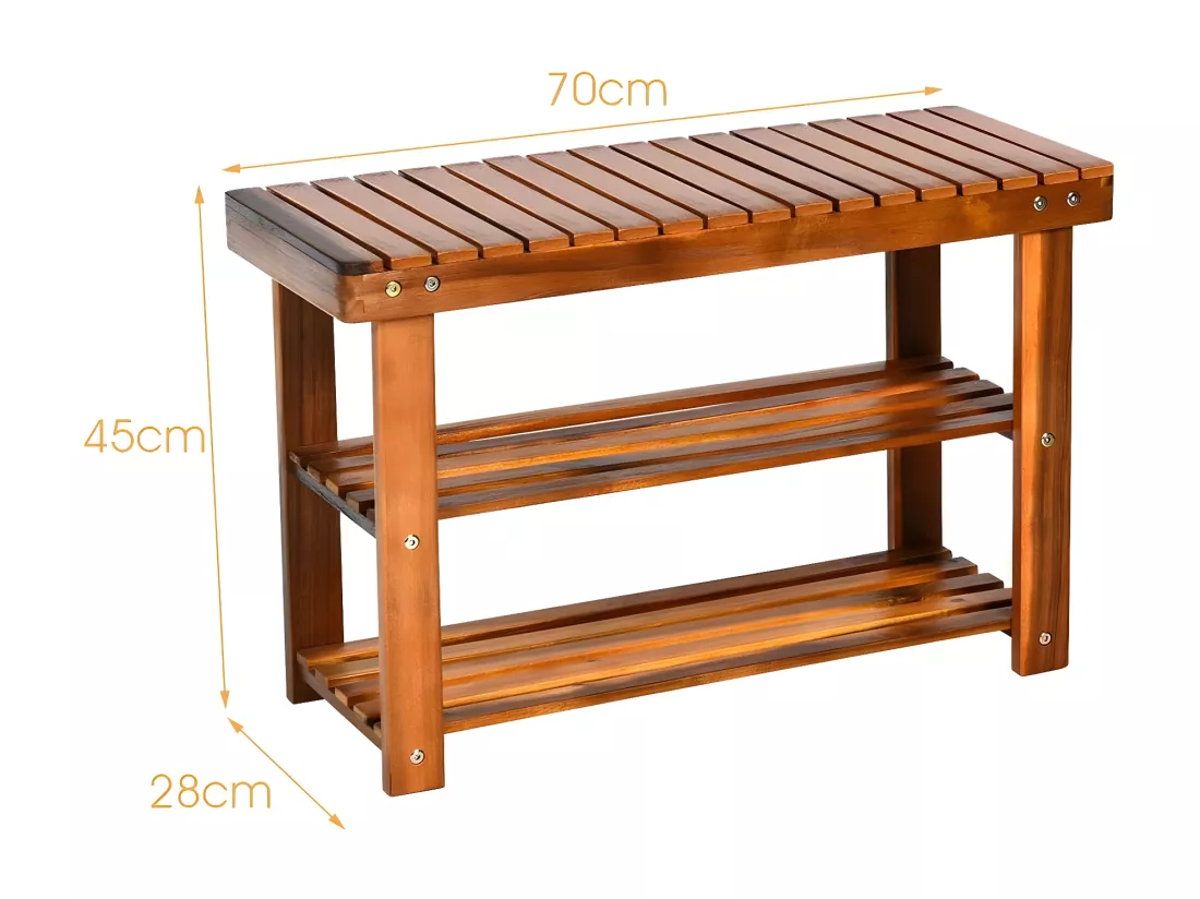 Banc à Chaussures en Bois d'Acacia, Étagère de Rangement à 3 Niveaux, Charge 180 kg, pour l’Entrée, Salon, Salle de Bain, Couloir, 28 x 70 x 45 cm, Roux