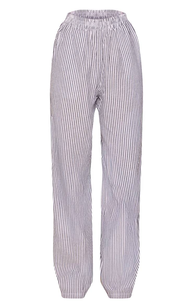 Bleu Marine Pantalon Taille Haute Élastiquée À Rayures Effet Lin