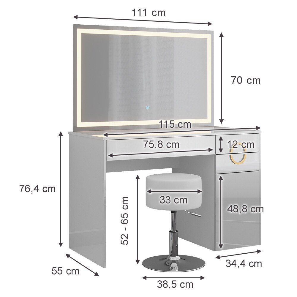 Vicco Schminktisch Adela Weiß Hochglanz, 115 x 76,4 cm mit LED-Spiegel, Hocker