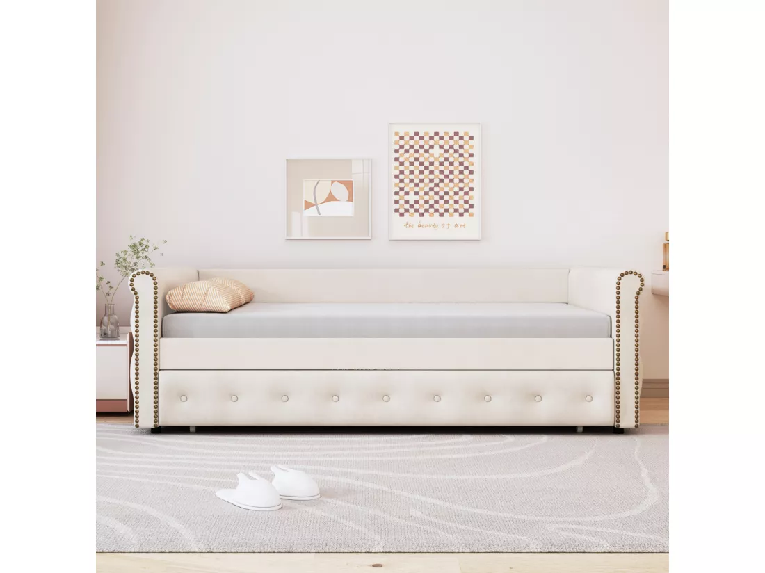 Lit gigogne 2x90x200cm - Canapé-lit extensible avec sommiers à lattes, sans matelas - lit en tissu velours - Beige