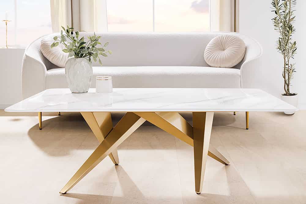Moderner Couchtisch ART LIVING 130cm weiß Marmor Keramik champagner gold brushed