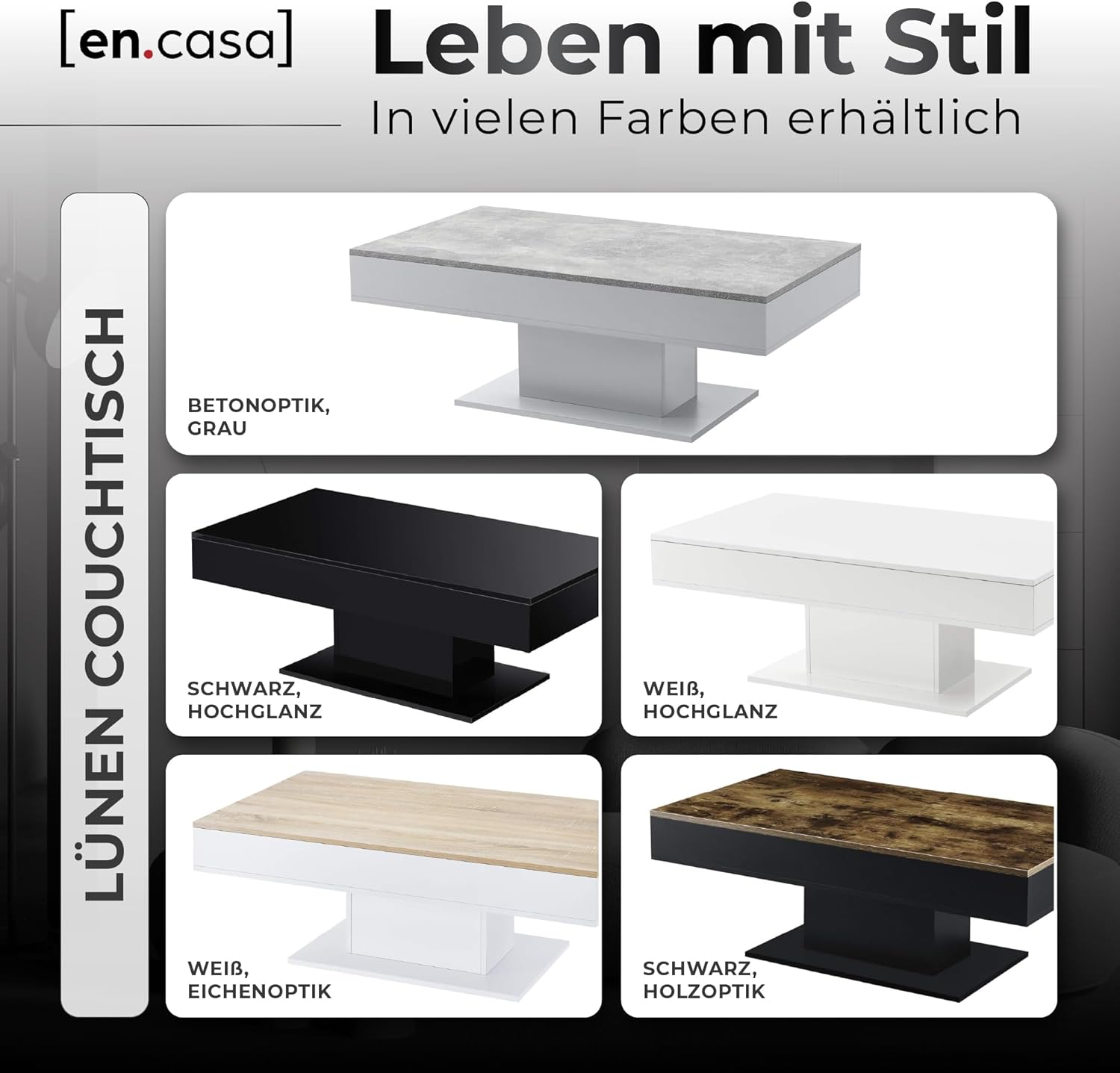 [en.casa] Couchtisch Lünen Wohnzimmertisch mit Stauraum Truhentisch Sofatisch mit ausziehbarer Tischplatte rechteckig 2 Staufächer 40 x 110 x 60 cm Betonoptik/Grau