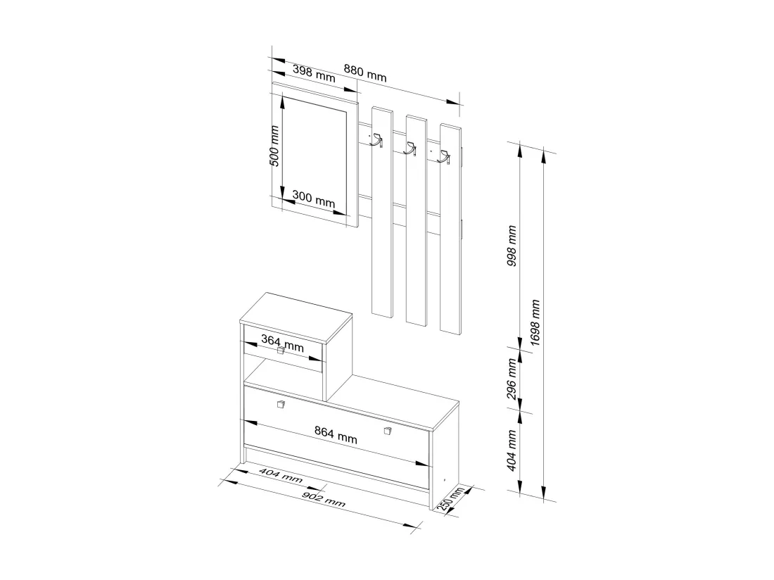 Ensemble d'entrée AKORD avec l'armoire à chaussures Chêne Sonoma 90 cm 1 porte 1 tiroir 2 étagères 90x25x170 cm