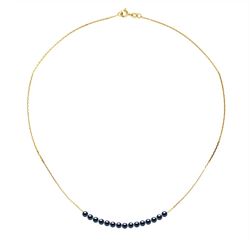 Collier Gourmette - 15 Véritables Perles de Culture d'Eau Douce Rondes 3-4 mm - Black Tahti - Or Jaune
