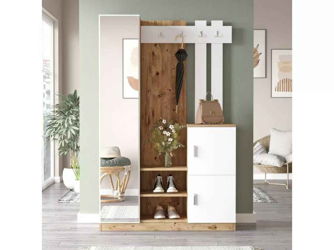 Meuble d'entrée Australis, Crochet d'entrée, Composition pour l'atrium, Console de rangement multifonction, 114x38h180 cm, Chêne et Blanc