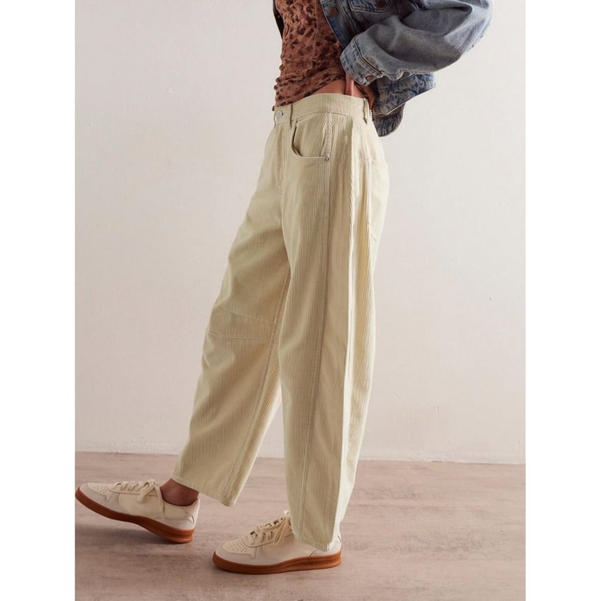 Piwonia - Middelhoge effen corduroy broek met wijde pijpen