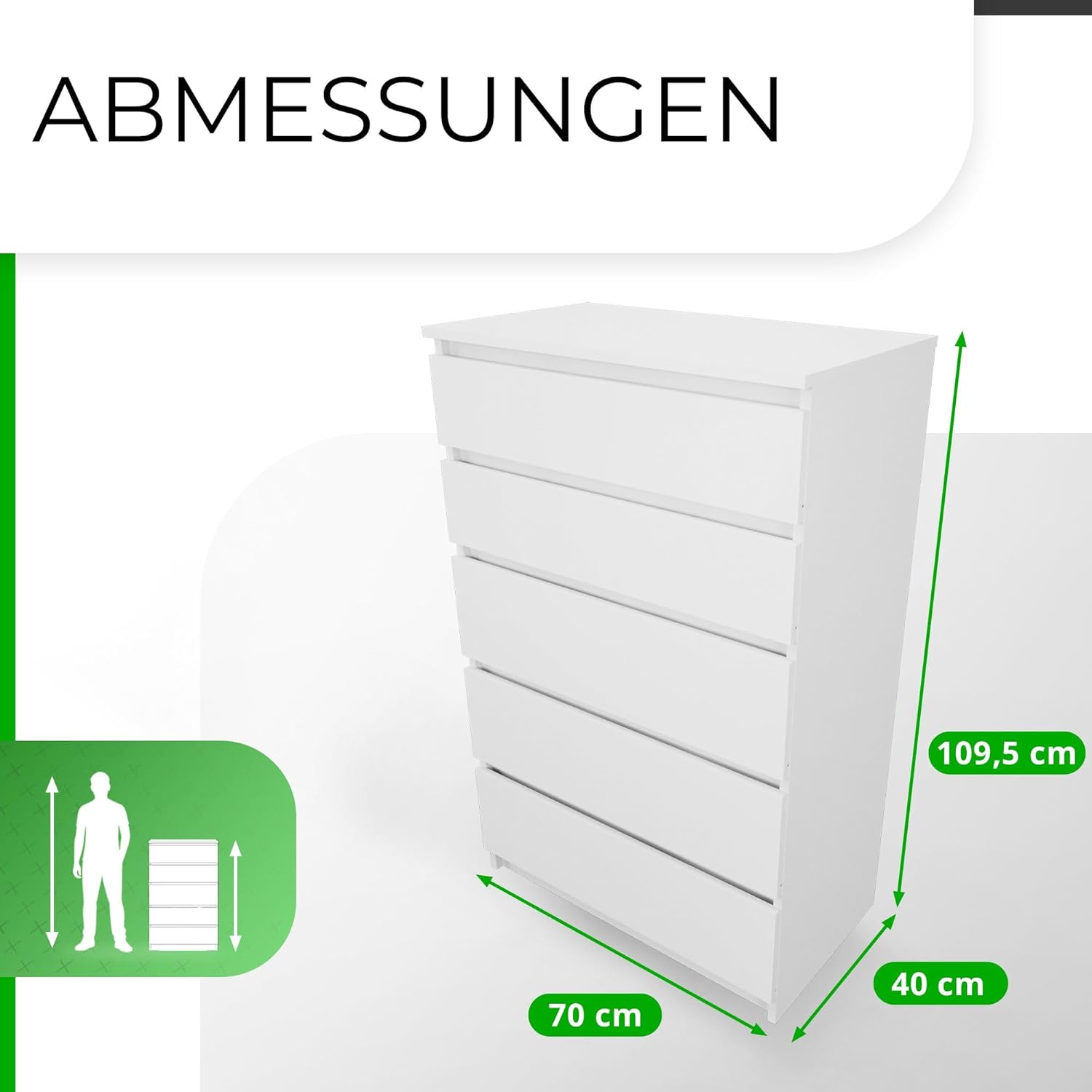 CDF Kommode Weiß mit 5 Schubladen 109 cm Hoch Sideboard Schmale Komode Schlafzimmerkommode für Flur Büro Schlafzimmer Wohnzimmer Schubladenschrank Regal mit Schubladen Schrank Modernes Möbelstück