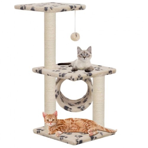 Arranhador bege para gatos com postes de sisal e pegadas de patas.