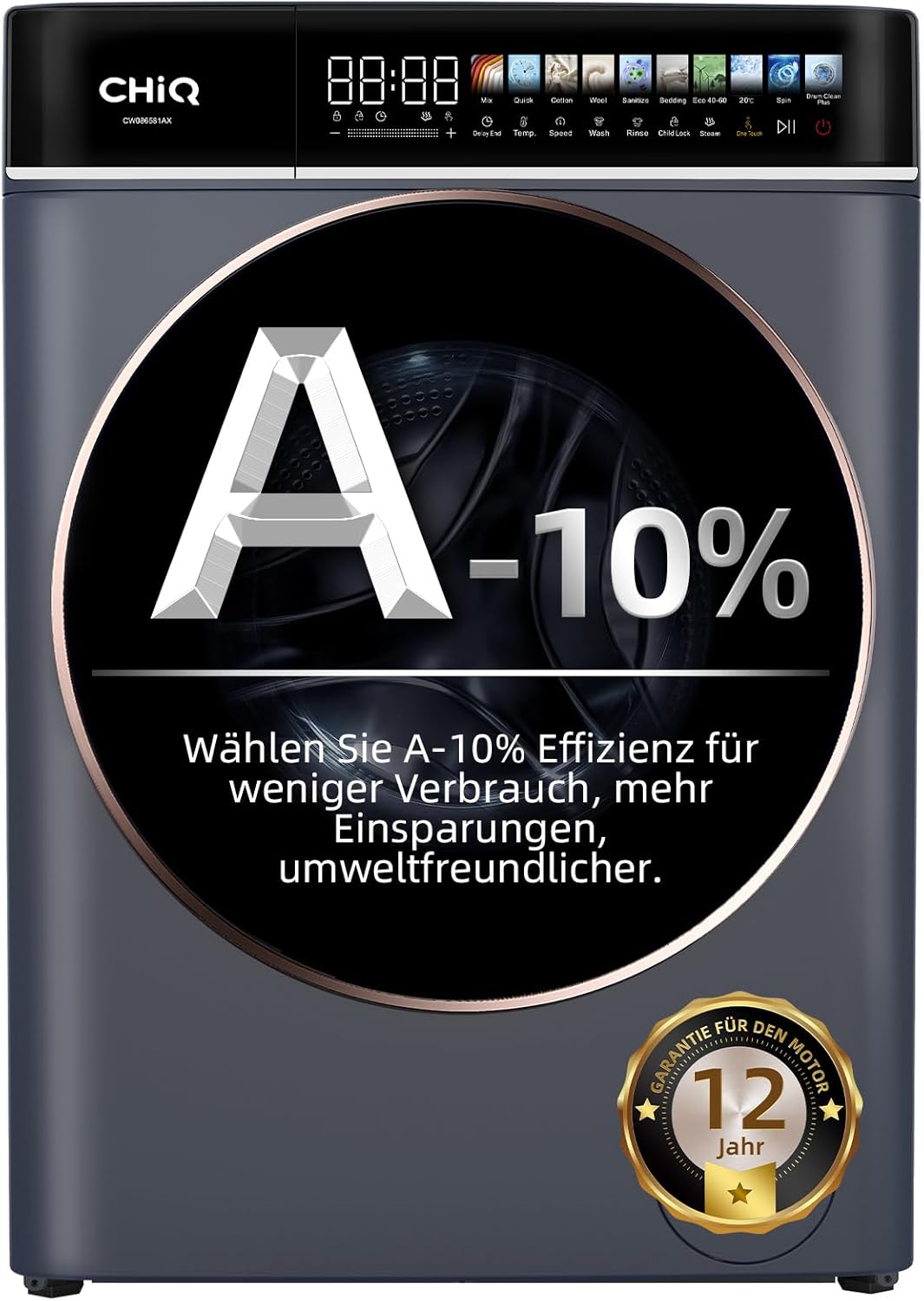 CHiQ Waschmaschine 8kg Frontlader, EEK A-10%, Touchscreen-Steuerung 12 Programme| 520mm D, 1400 U/min, 15Min Schnellwäsche, Großtrommel| Inverter Motor, Antibakterielle Türdichtung, Schwarz 2025
