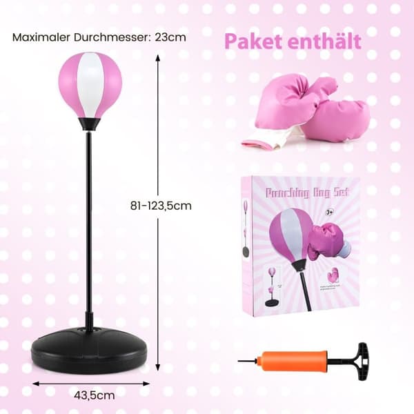 81-123,5cm høydejusterbar bokseball inkl. boksehansker & håndpumpe barneboksesett rosa